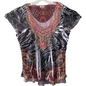 Boho Festival Paisley Mesh Top Size 1X Embellished Beaded Sheer Fairy Grunge Y2K